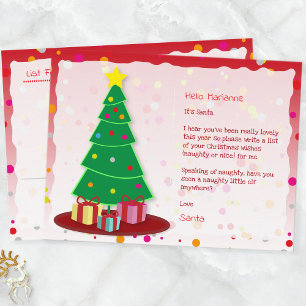 Weihnachtsbaum, Liste für den Weihnachtsmann, Post Feiertagspostkarte