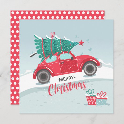 Weihnachtsbaum Little Red Car Flat Weihnachtskarte (Vorne/Hinten)