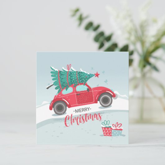 Weihnachtsbaum Little Red Car Flat Weihnachtskarte (Stehend Vorderseite)