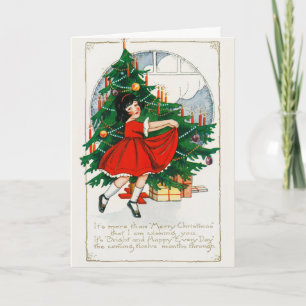 Weihnachtsbaum, Mädchen und Geschenke Urlaub Feiertagskarte