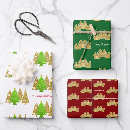 Weihnachtsbaum | MINIMALISTISCH | Gold Glitzer Geschenkpapier Set (Vorderseite)