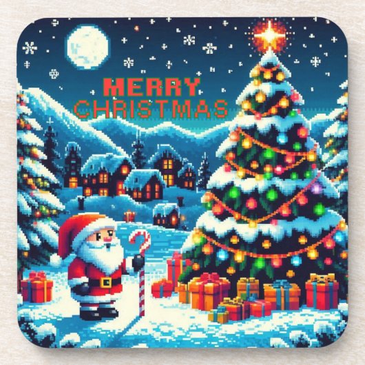 Weihnachtsbaum mit 8 bit und Weihnachtsmann Getränkeuntersetzer (Vorderseite)