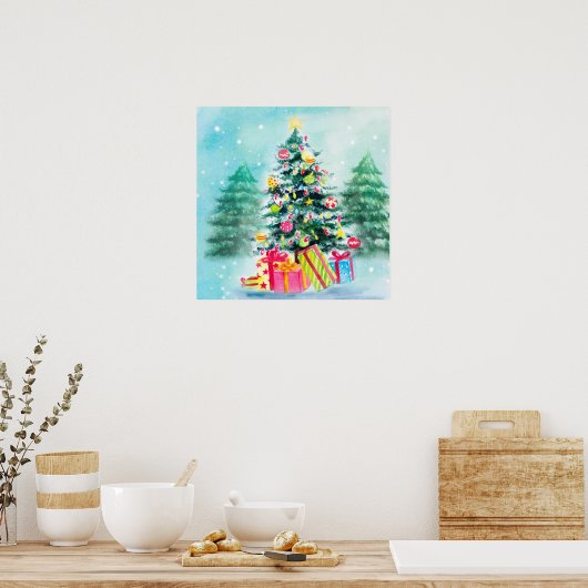 Weihnachtsbaum mit Aquarellfarben Poster (Küche)