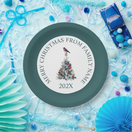 Weihnachtsbaum mit Dekoration und Roter Robin Pappteller (Party)