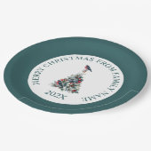 Weihnachtsbaum mit Dekoration und Roter Robin Pappteller (Schrägansicht)