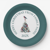 Weihnachtsbaum mit Dekoration und Roter Robin Pappteller (Vorderseite)