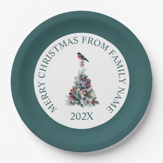 Weihnachtsbaum mit Dekoration und Roter Robin Pappteller (Vorderseite)