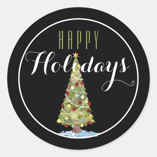 Weihnachtsbaum mit Dekorationen glücklicher Urlaub Runder Aufkleber (Vorderseite)