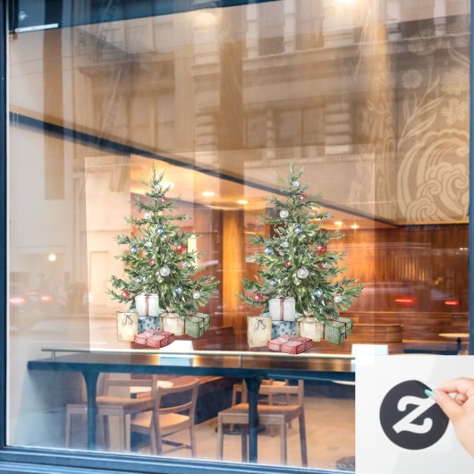 Weihnachtsbaum mit Dekorationen und Geschenken Fensteraufkleber (Café-Fenster)