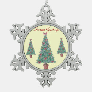 Weihnachtsbaum mit Dekorationsrot beugt Schneeflocken Zinn-Ornament