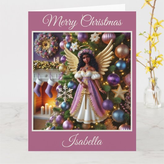 Weihnachtsbaum mit Engel (Rosa) Karte (Gelbe Blume)
