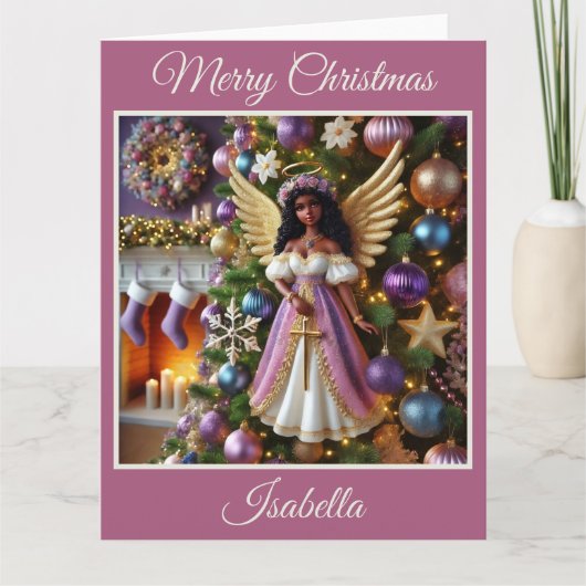 Weihnachtsbaum mit Engel (Rosa) Karte (Vorderseite)