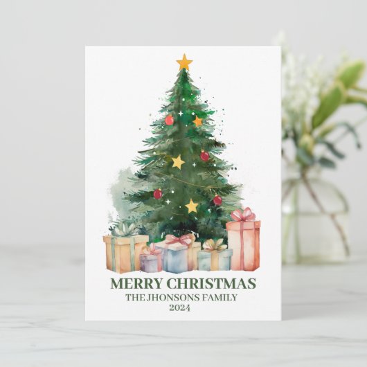 Weihnachtsbaum mit Geschenken Feiertagskarte (Stehend Vorderseite)