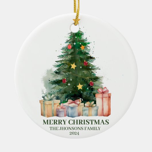 Weihnachtsbaum mit Geschenken Keramik Ornament (Vorne)