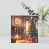 Weihnachtsbaum mit Geschenken und Kamin Feiertagskarte (Stehend Vorderseite)