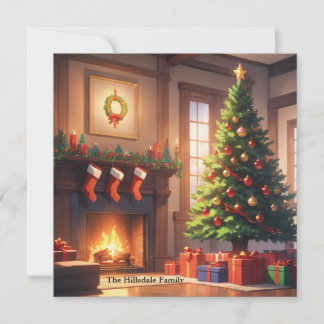 Weihnachtsbaum mit Geschenken und Kamin Feiertagskarte