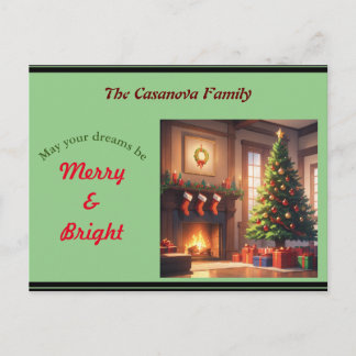 Weihnachtsbaum mit Geschenken und Kamin Feiertagspostkarte