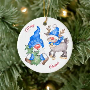 Weihnachtsbaum mit Gnome und Rentier Keramik Ornament