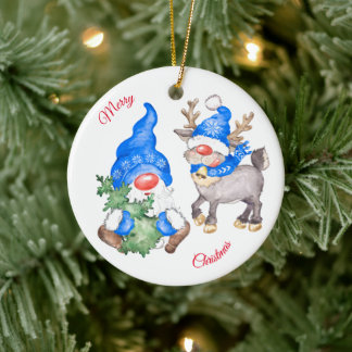Weihnachtsbaum mit Gnome und Rentier Keramik Ornament