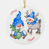 Weihnachtsbaum mit Gnome und Rentier Keramik Ornament (Vorne)
