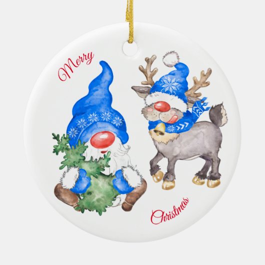 Weihnachtsbaum mit Gnome und Rentier Keramik Ornament (Hinten)