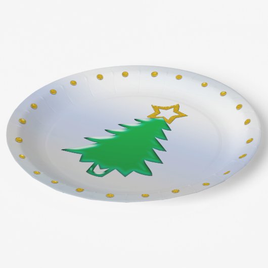 Weihnachtsbaum mit Gold-Star im Hintergrund Pappteller (Schrägansicht)