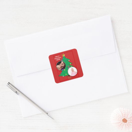 Weihnachtsbaum mit Ihren Fotos Quadratischer Aufkleber (Umschlag)