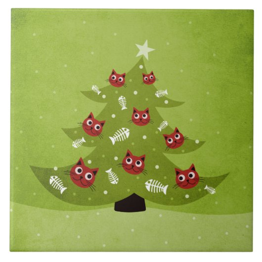 Weihnachtsbaum mit Kat- und Fischschmuck Fliese (Vorderseite)