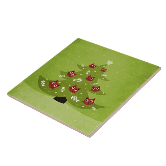 Weihnachtsbaum mit Kat- und Fischschmuck Fliese (Seite)