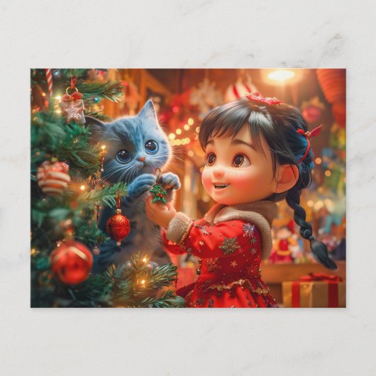 Weihnachtsbaum mit Katze dekorieren Feiertagspostkarte (Vorderseite)