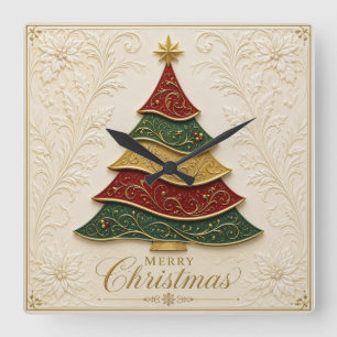 Weihnachtsbaum mit ornamentaler Goldemaille Quadratische Wanduhr