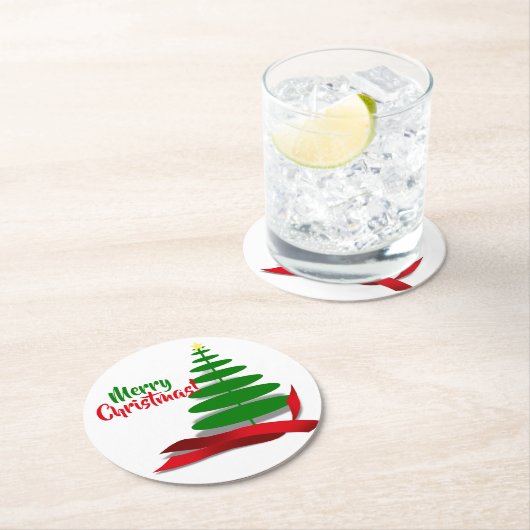Weihnachtsbaum mit rotem Band Runder Pappuntersetzer (Vor Ort)