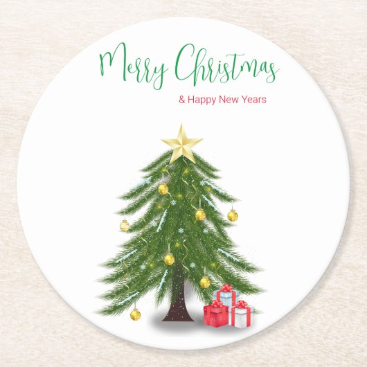Weihnachtsbaum mit rotem Geschenk Runder Pappuntersetzer (Vorderseite)