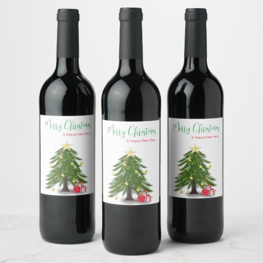 Weihnachtsbaum mit rotem Geschenk Weinetikett (Flaschen)