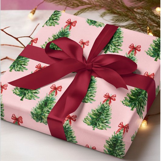 Weihnachtsbaum mit roter Schleife | Rosa Geschenkp Geschenkpapier