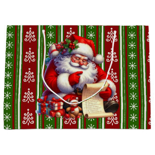 Weihnachtsbaum mit Santa, der seine Liste liest Große Geschenktüte