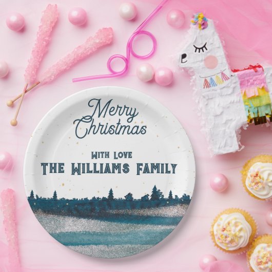 Weihnachtsbaum mit Schnee Frohe Weihnachten Pappteller (Party)