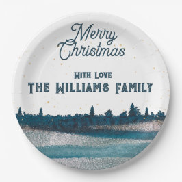 Weihnachtsbaum mit Schnee Frohe Weihnachten Pappteller