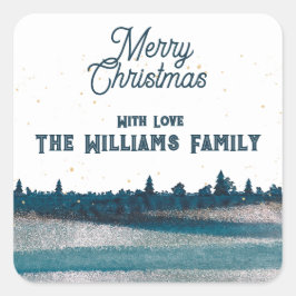 Weihnachtsbaum mit Schnee Frohe Weihnachten Quadratischer Aufkleber