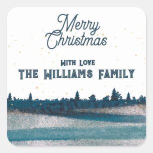 Weihnachtsbaum mit Schnee Frohe Weihnachten Quadratischer Aufkleber