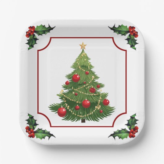 Weihnachtsbaum mit Stechpalme Pappteller (Vorderseite)