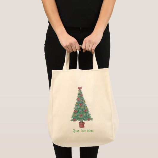 Weihnachtsbaum mit Verzierungen roten Bögen Glocke Tragetasche (Vorderseite (Produkt))