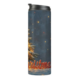Weihnachtsbaum mit warmen Lichtern im Schnee Thermosbecher
