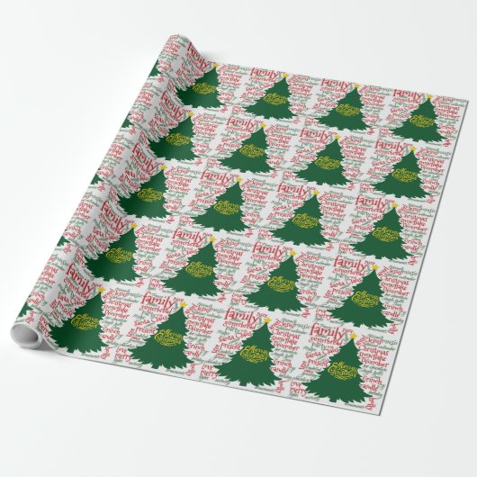 Weihnachtsbaum mit Weihnachtswörtern Geschenkpapier (Ungerollt)