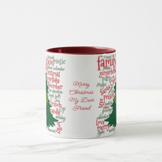 Weihnachtsbaum mit Weihnachtswörtern & Schneeflock Tasse (Zentrum)