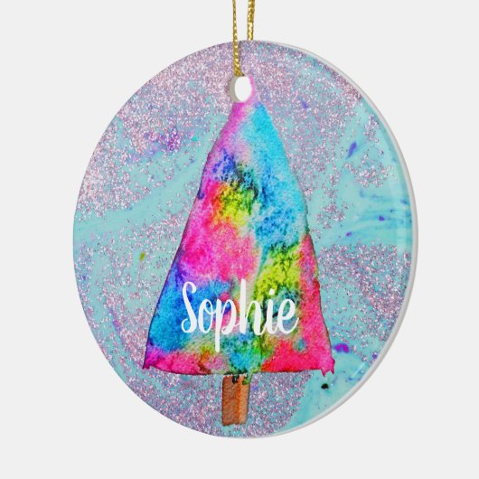 Weihnachtsbaum moderne Funkfarben Name Keramik Ornament (Links)