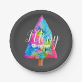 Weihnachtsbaum moderne funkige Farben blau und ros Pappteller (Vorderseite)