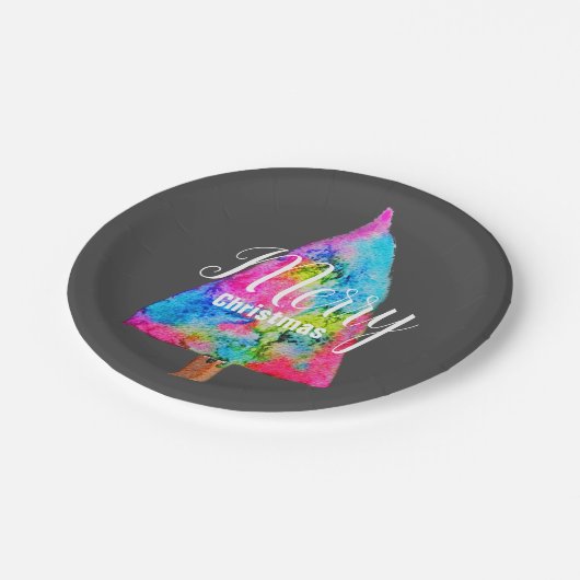 Weihnachtsbaum moderne funkige Farben blau und ros Pappteller (Schrägansicht)