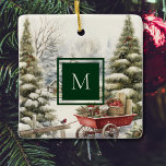 Weihnachtsbaum-Monogramm des Aquarellwaldes Keramikornament<br><div class="desc">Wasserfarbene Weihnachtsbäume in schneebedeckten Waldbaumschmuck. Geben Sie Ihre eigene/familiäre Monogramm-Initiale ein,  die auf der Vorder- und Rückseite angezeigt wird.</div>