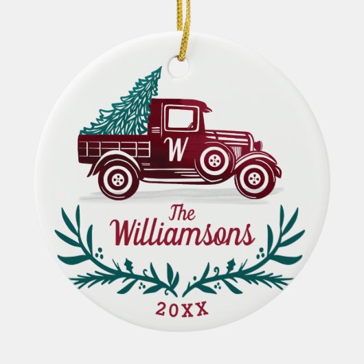 Weihnachtsbaum-Monogramm des Vintagen Trucks Keramik Ornament (Vorne)